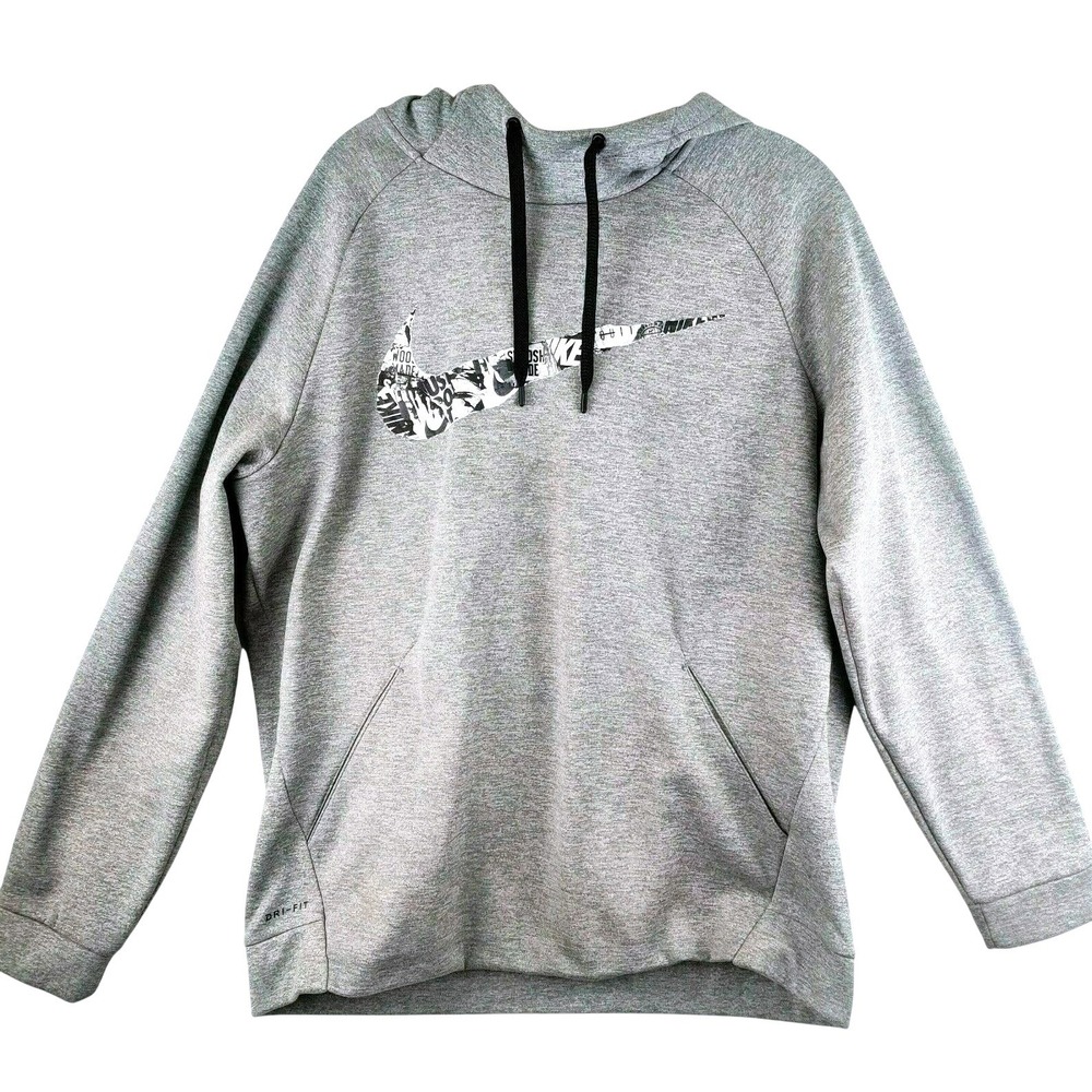 Nike Dri Fit Mens Gray‎ Graphic Swoosh Hoodie Pullover Athletic Sweatshirt L